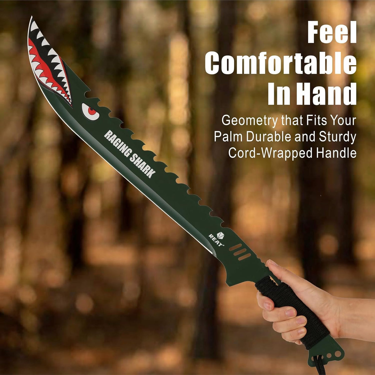 REAT Machete with Sheath, 25.5" Full Tang 420 Stainless Steel Blade with Raging Shark Green