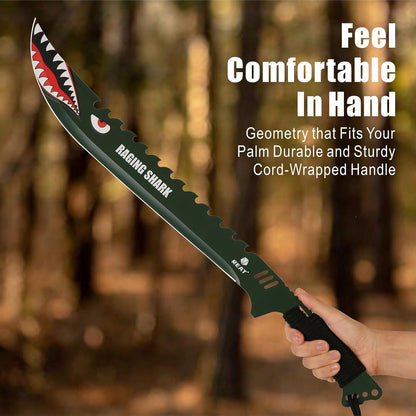 REAT Machete with Sheath, 25.5" Full Tang 420 Stainless Steel Blade with Raging Shark Green