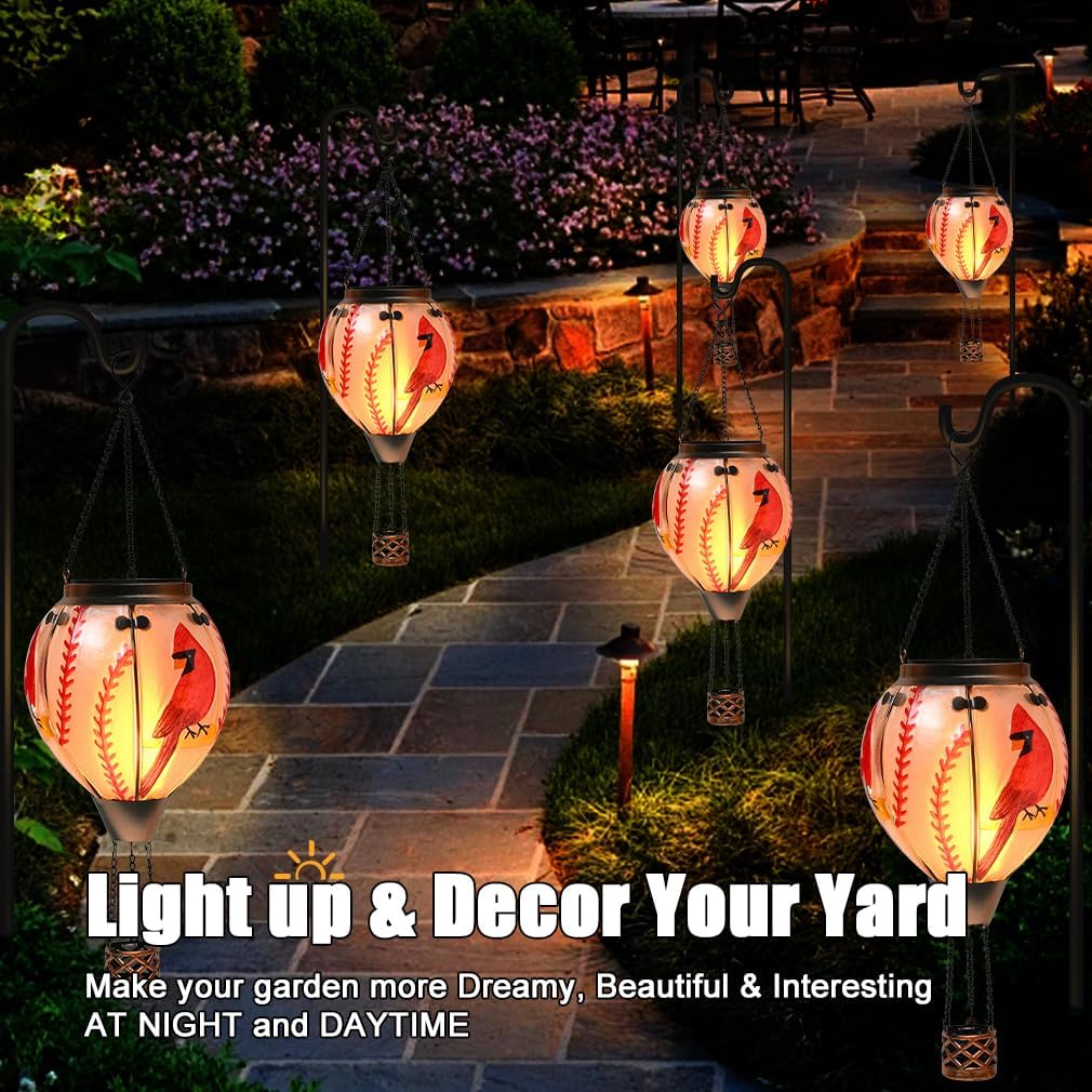 Hot Air Balloon Solar Lantern - Cardinal Bird Glass Lantern, Simulated Flickering & Dancing Flame