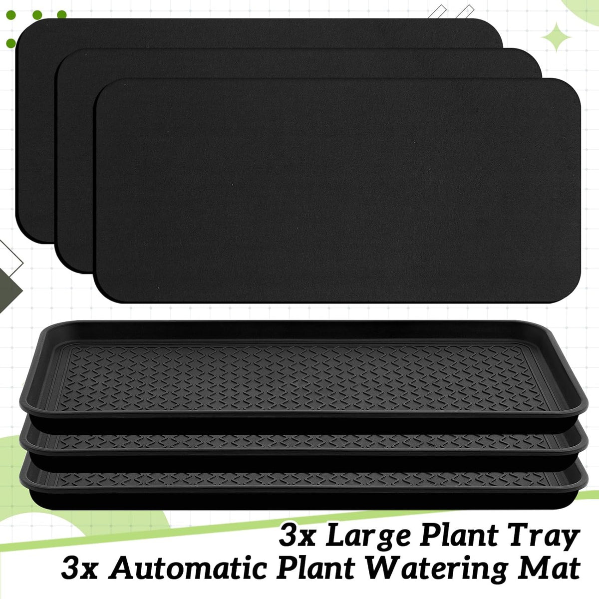 Vesici 3 Set/6 Pcs Large Self-Watering Plant Trays (30"x15") and 3mm Capillary Mat-Automatic