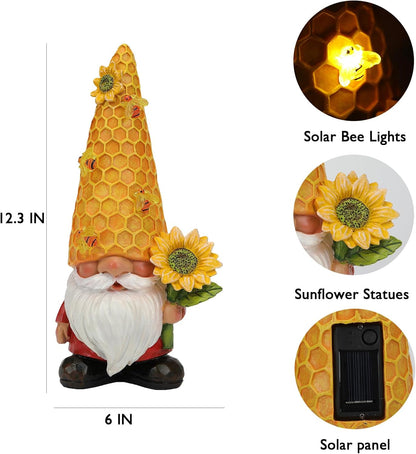 12.3''Garden Gnomes Outdoor Statues Clearance for Garden Decor with Solar Bee Lights,Christmas