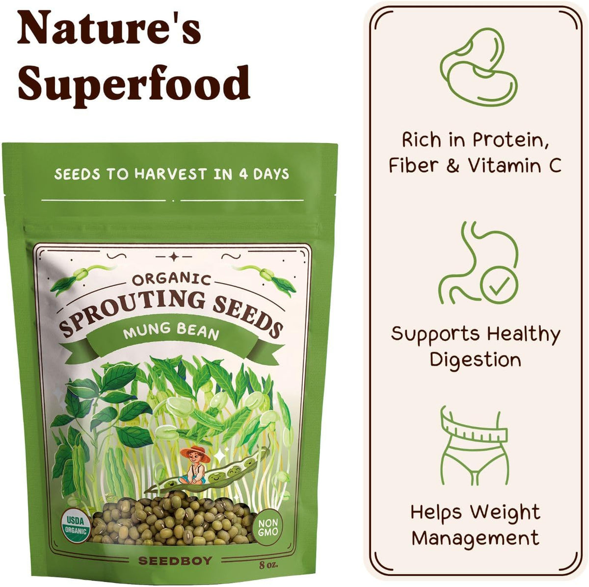 Seedboy Organic Non-GMO Mung Bean Seeds for Sprouting - Microgreens Sprouting Seeds - 8 oz Bag