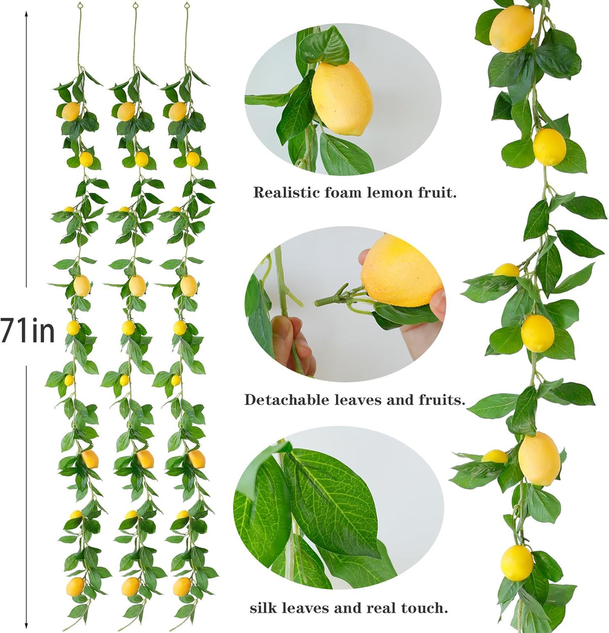 3 Strands Lemon Artificial Vines, 71" Lemon Silk Vine Garland with Green Leaves, Fake Hanging