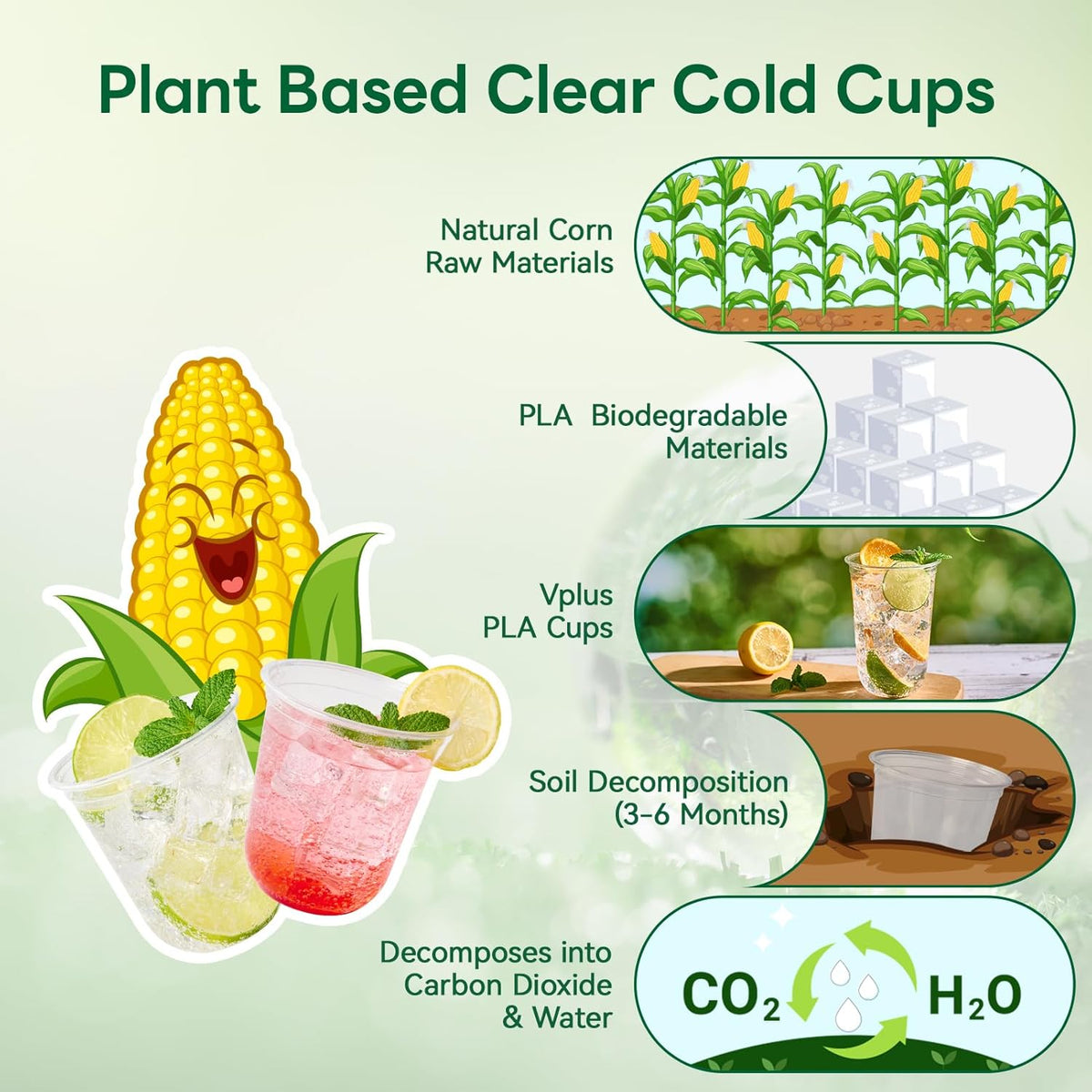 Vplus 12 oz Compostable Clear Plastic Cold Cups, 100 Pack Biodegradable Disposable Cups, BPA & PFAS