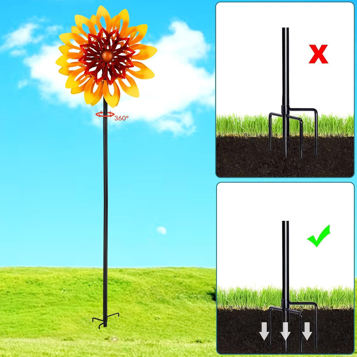 Sunflower Wind Spinners, 360 Degrees Swivel Metal Wind Sculptures, 62" Garden Pinwheels for Yard