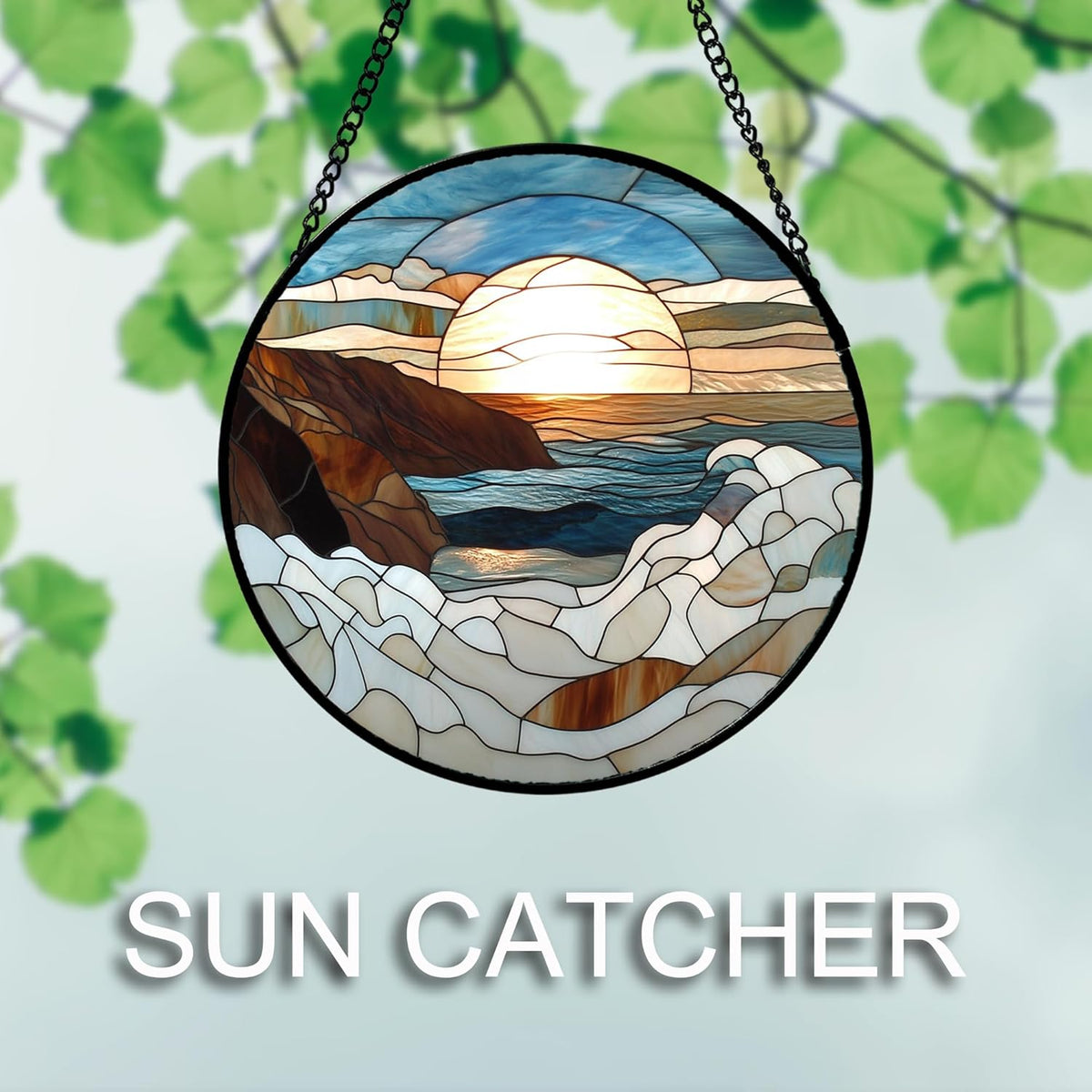 Stained Glass Window Hanging 4 Pcs Set Ocean Waves 6.3" - Blue and White Sea Suncatcher Door Garden