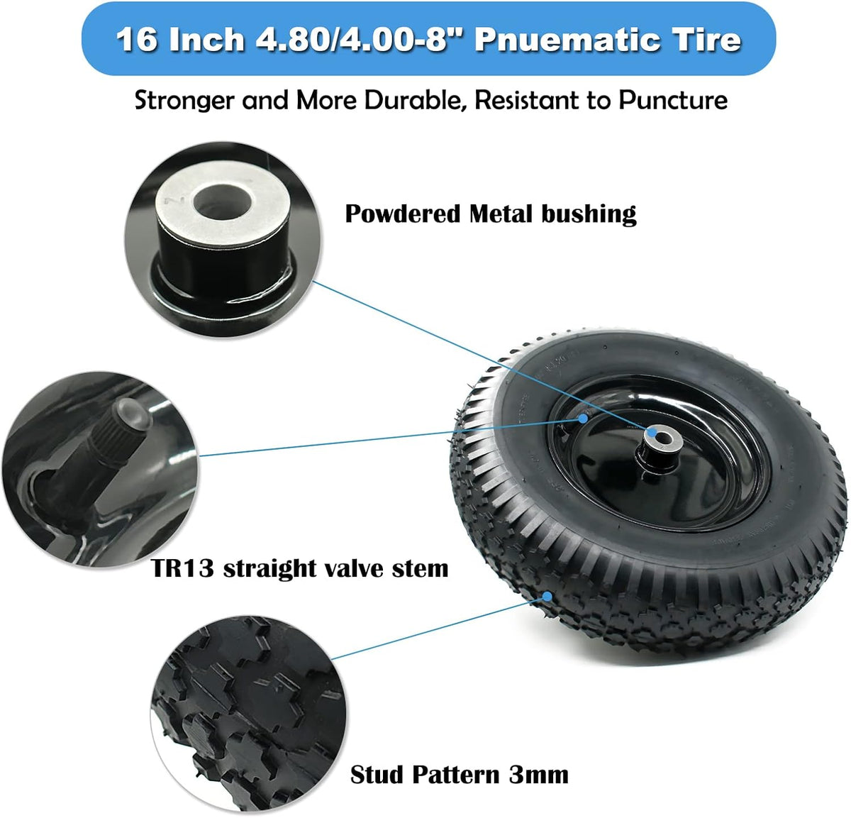 2-Pack of 4.80/4.00-8 Pneumatic Tire and Wheel,2PR (Air Filled)- 5/8"or 3/4" Powdered Metal