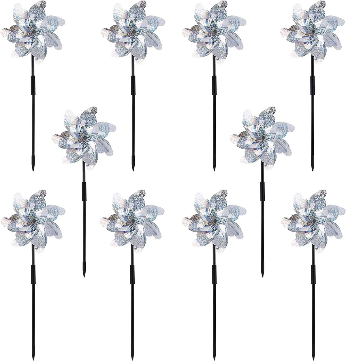 10 Pack Reflective Pinwheels with Plastic Stakes| 19.7 inch Pre-Assembled Sparkle Pin Wheel Set |