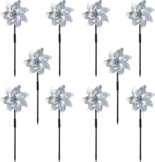 10 Pack Reflective Pinwheels with Plastic Stakes| 19.7 inch Pre-Assembled Sparkle Pin Wheel Set |
