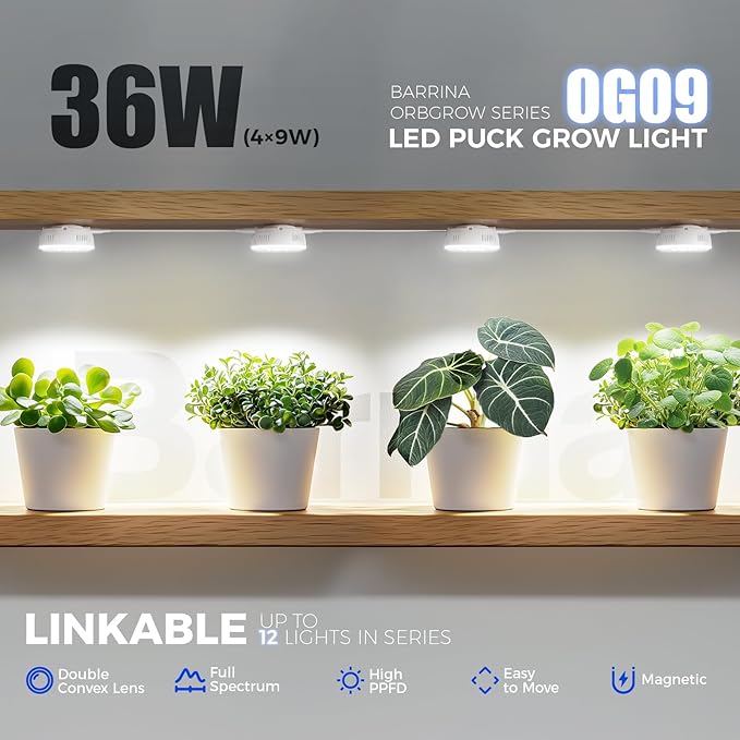 Barrina Orbgrow OG09 Puck Grow Light, 5000K 36W(4 x 9W, 540 Watt Equiv), Full Spectrum Plant Light