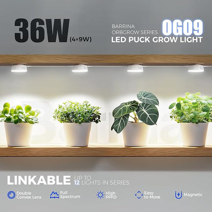 Barrina Orbgrow OG09 Puck Grow Light, 5000K 36W(4 x 9W, 540 Watt Equiv), Full Spectrum Plant Light