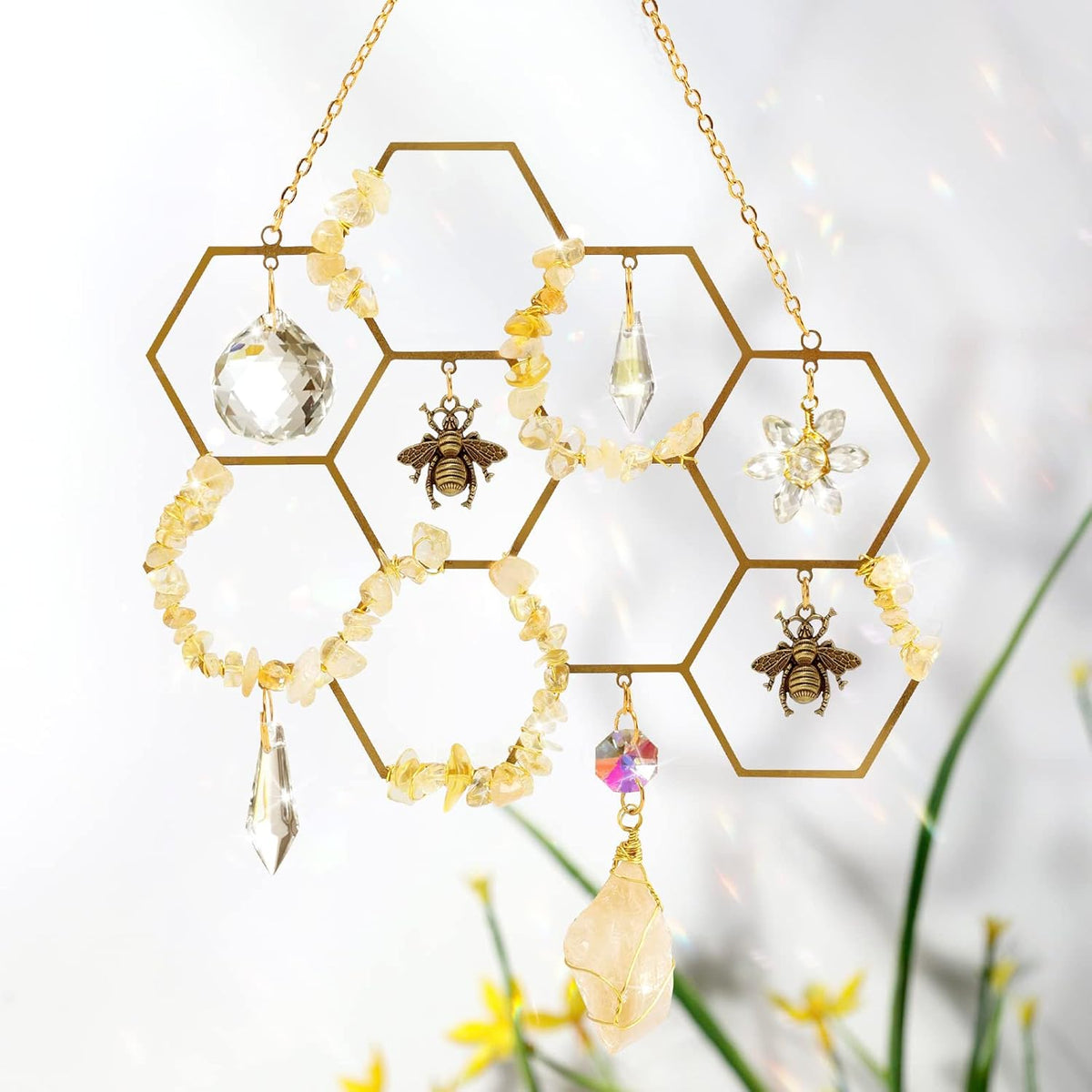 Tuitessine Crystals Suncatcher Window Hanging Bumble Bee Decor Honeycomb Light with Crystal Glass