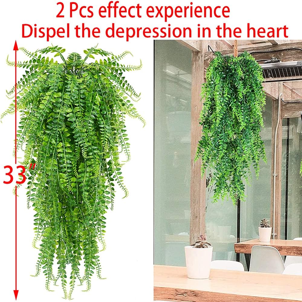 CLONG 2 pcs Artificial Hanging Ferns Plants Vine Fake Ivy Boston Fern Hanging Plant Outdoor UV