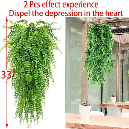 CLONG 2 pcs Artificial Hanging Ferns Plants Vine Fake Ivy Boston Fern Hanging Plant Outdoor UV