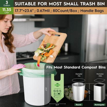 2.6-3 Gallon Compostable Trash Bags with Handles 80 Count 0.67 Mil 11.36 L Small Kitchen Wet Food