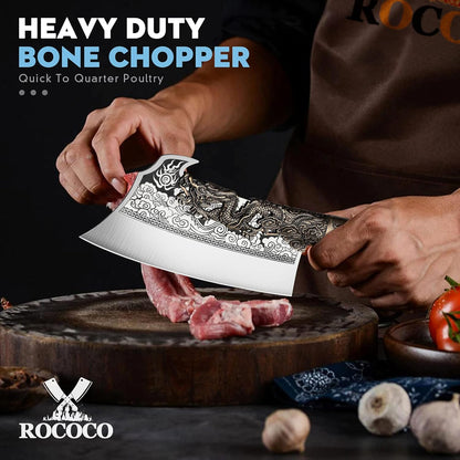 ROCOCO 2lb Dragon Butcher Knife Heavey Duty Cleaver Knife for Meat Bone Cutting 9.5" Cool Big