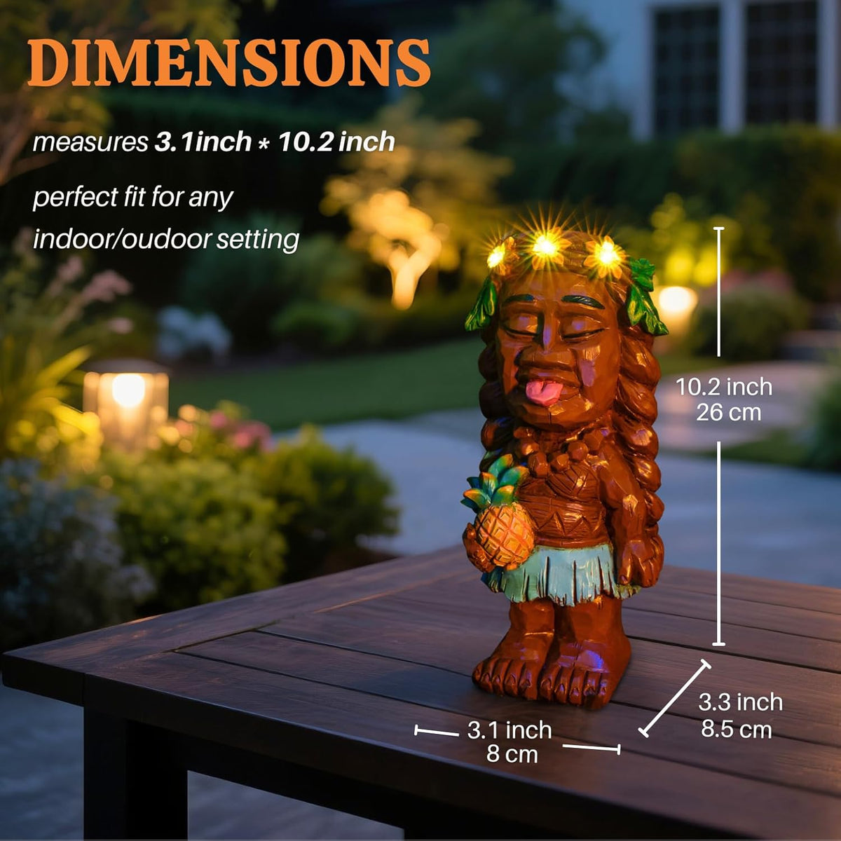 Solar Tiki Girl Garden Statues Tiki Lady Holding Pineapple Figurine with Flower LED Lights Bar