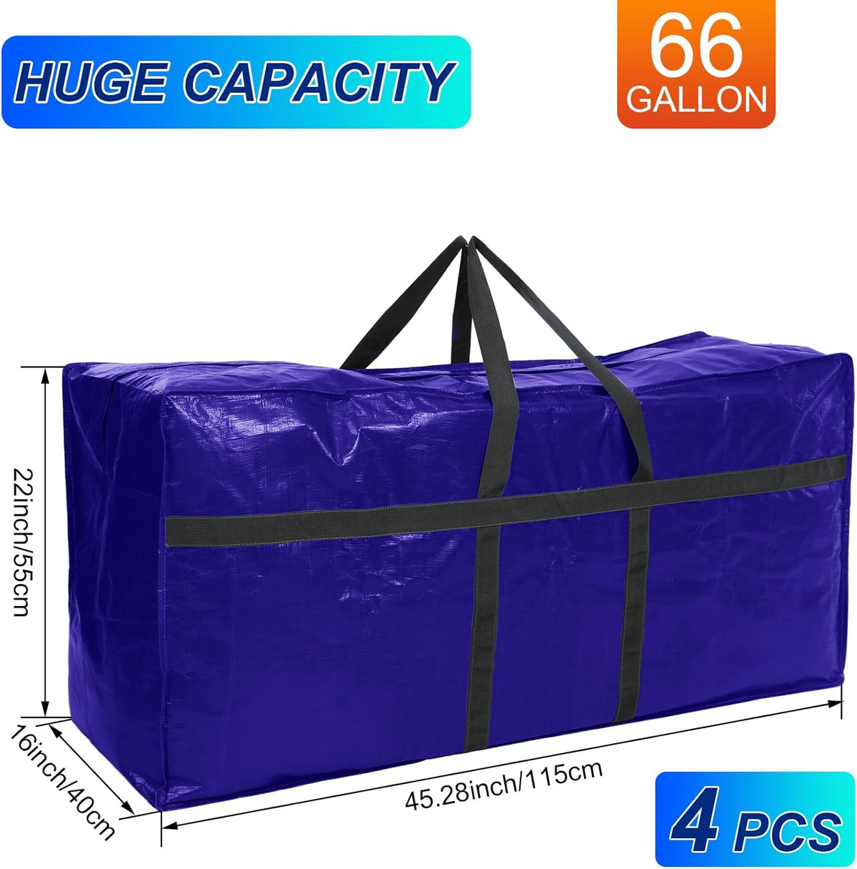 4 Pcs 66 Gallon Large Moving Bags with Zipper and Handles Foldable Storage Duffle Bags Heavy Duty