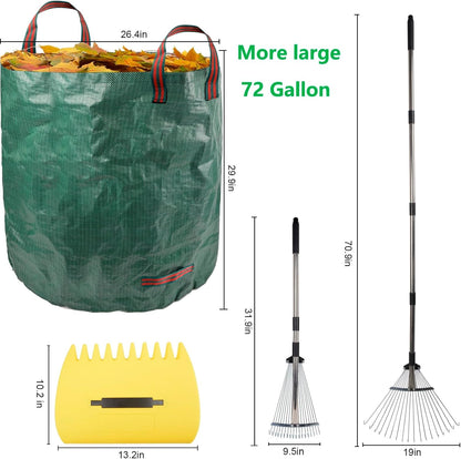 Leaf Collector Garden Rake Set - Adjustable 18 Tines Leaf Rakes & Leaf Picker Upper & 72 Gallon