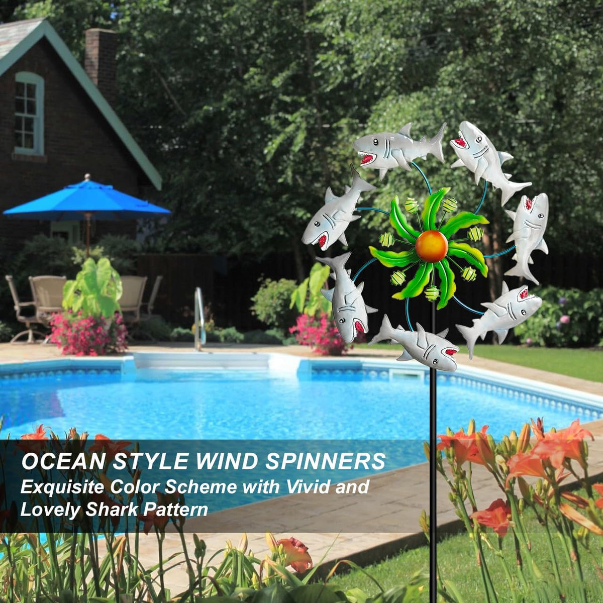 Shark Outdoor Wind Spinners - 39" Ocean-Themed Metal Wind Sculptures Garden Stake Art, 13.5”