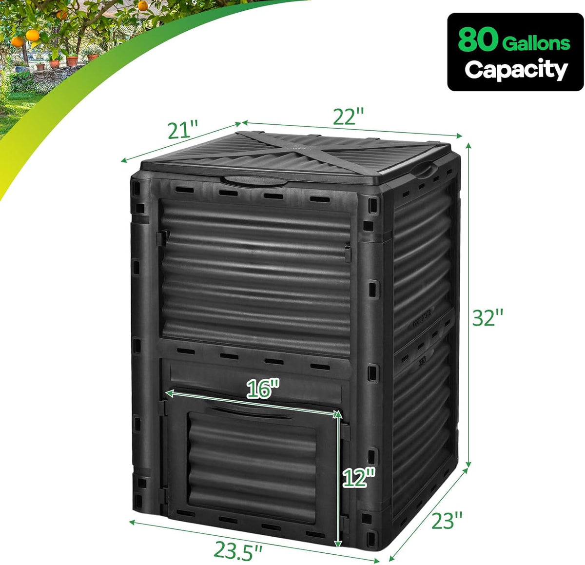 Goplus Compost Bin, 80 Gallon (300 L) Large Outdoor Composting Box w/Top Flip Latch-on Lid, Bottom