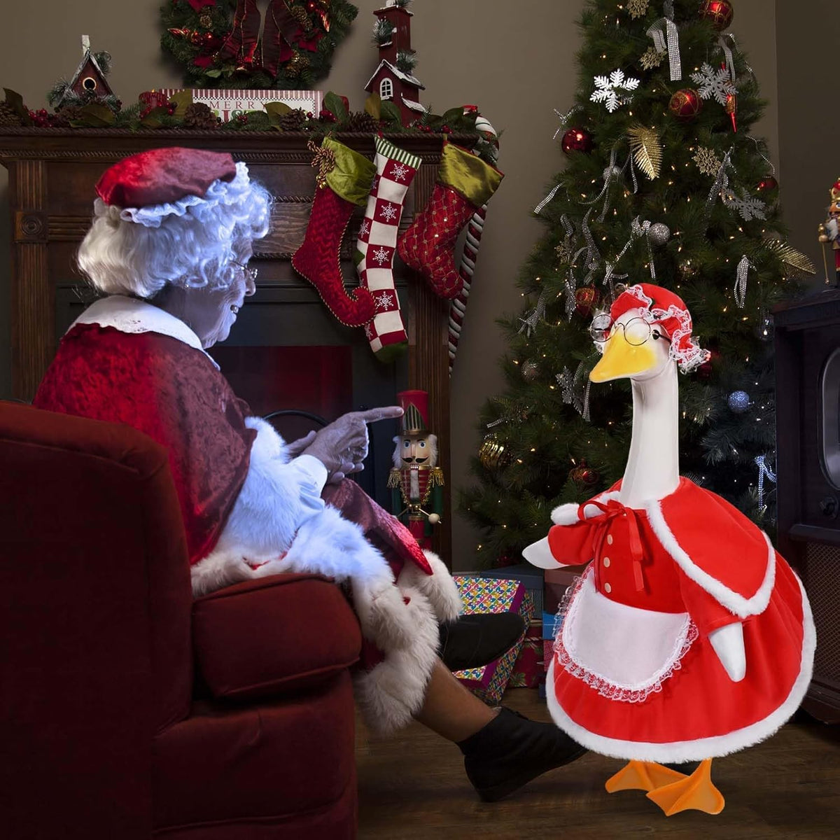 Mrs. Claus Porch Goose Outfits Christmas Lawn Goose Clothes Fits 23" Cement Plastic Goose Statue