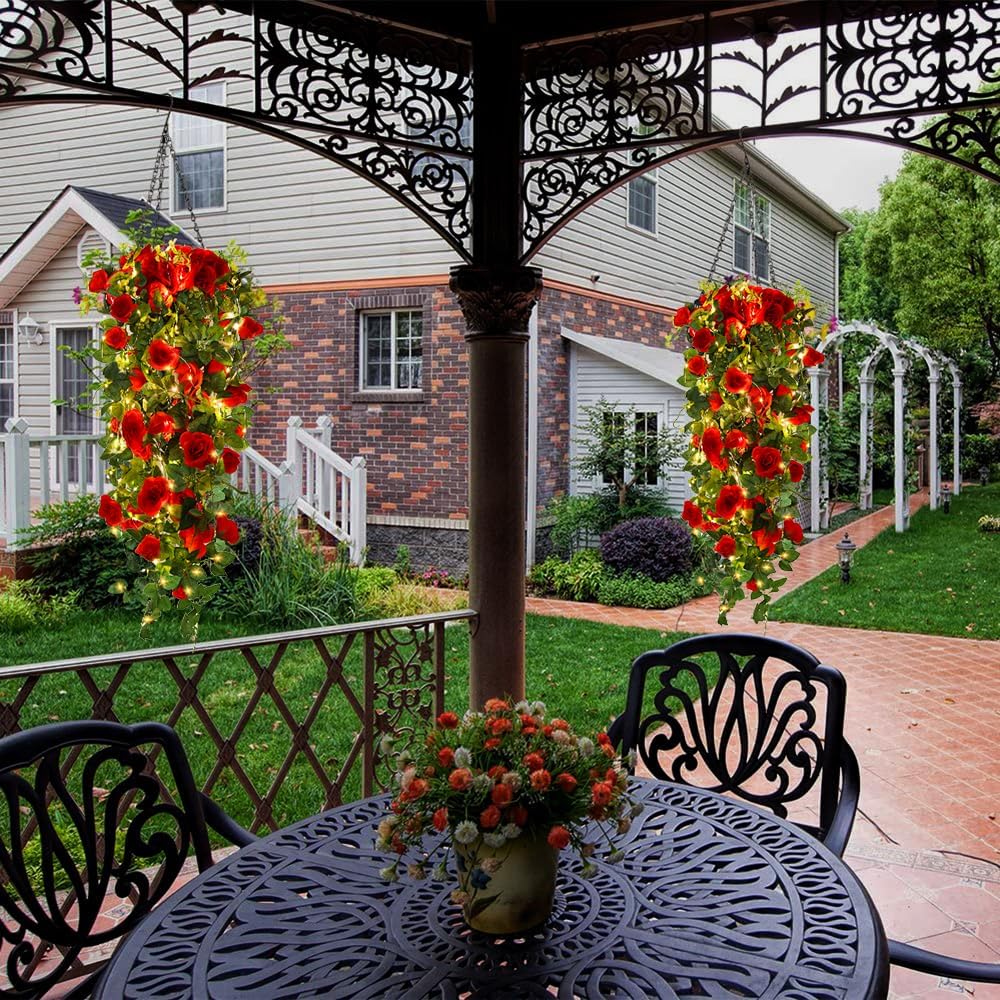 RECUTMS Hanging Flowers Artificial Hanging Rose Flower 2PCS 3.3Ft for Outdoors with 30 LED Fairy