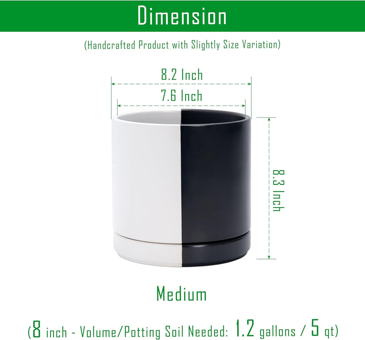 D'vine Dev 8.2 Inch Ceramic Planter Pot with Drainage Hole and Saucer, Indoor Cylinder Round