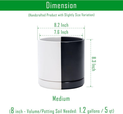 D'vine Dev 8.2 Inch Ceramic Planter Pot with Drainage Hole and Saucer, Indoor Cylinder Round