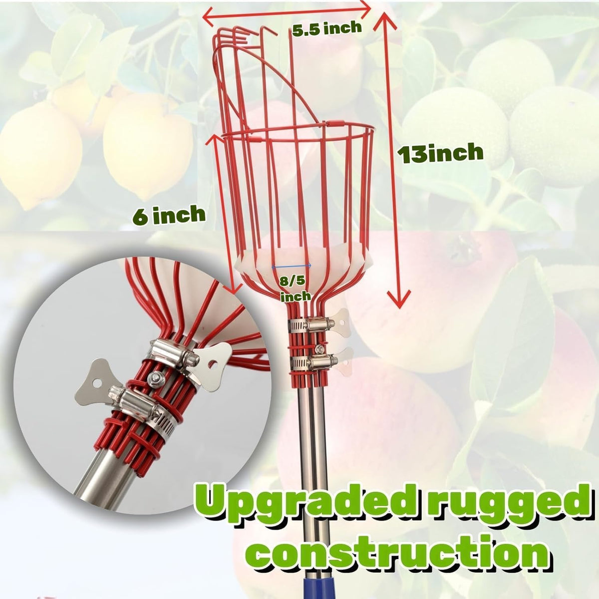 Adjustable Fruit Picker with Telescoping Handle and Basket, 5.5ft - Ideal for Apple, Orange