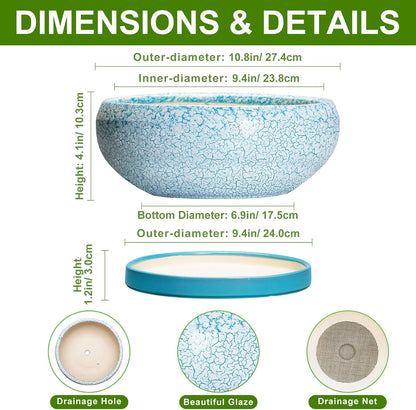 Bonsai Pots 10 Inch - Shallow Ceramic Planters for Indoor Outdoor, Succulent Pots with Drainage