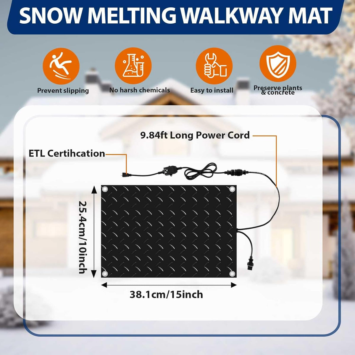 Riakrum 2 Pcs Heated Snow Melting Mats Outdoor, 10 x 15 in Winter Anti-Slip Heated Rubber Mat for