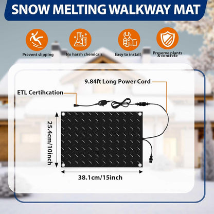 Riakrum 2 Pcs Heated Snow Melting Mats Outdoor, 10 x 15 in Winter Anti-Slip Heated Rubber Mat for