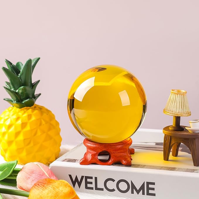 Yellow Crystal Ball 80mm/3.1inch with Rose Wooden Stand and Gift Box for lensball