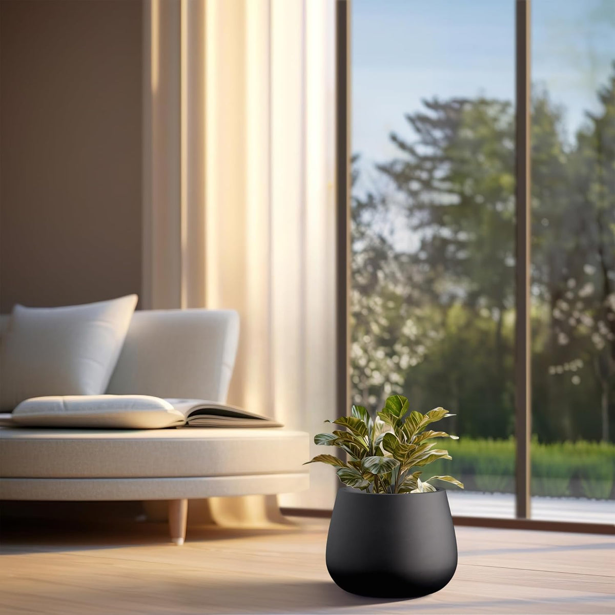 Kante Curva Series Planter, 10.2 Inch Round Concrete Flower Pot with Draiange Hole and Rubber Plug