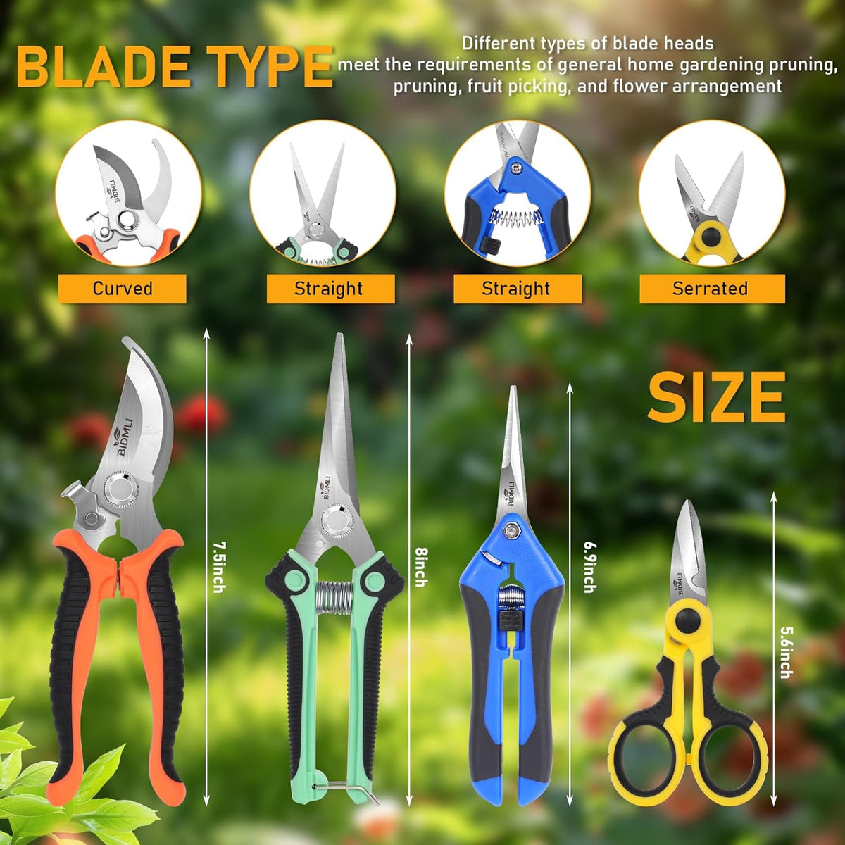 4-Pack Multifunctional Garden Scissors Set-BIDMLI Stainless Steel Pruning &Floral Shears with