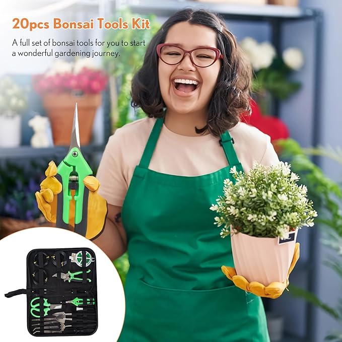 Bonsai Tools Kit 20 Pcs Garden Tools Set for Starters, Includes Bonsai Wire Kit, Plant Mat, Pruning