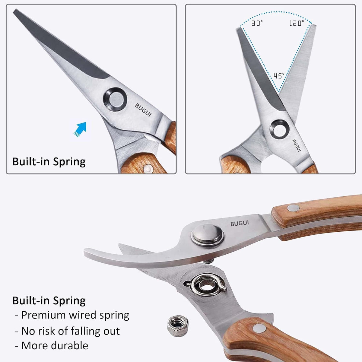 BUGUI Wood Handle Garden Shears, Long Straight Tip, All Steel Construction, Sharp, Well Designed