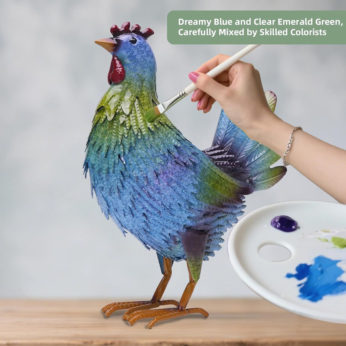 13.4" Metal Blue Chicken Garden Sculptures & Statues for Outdoor Garden Decorations ,Hen Statue for