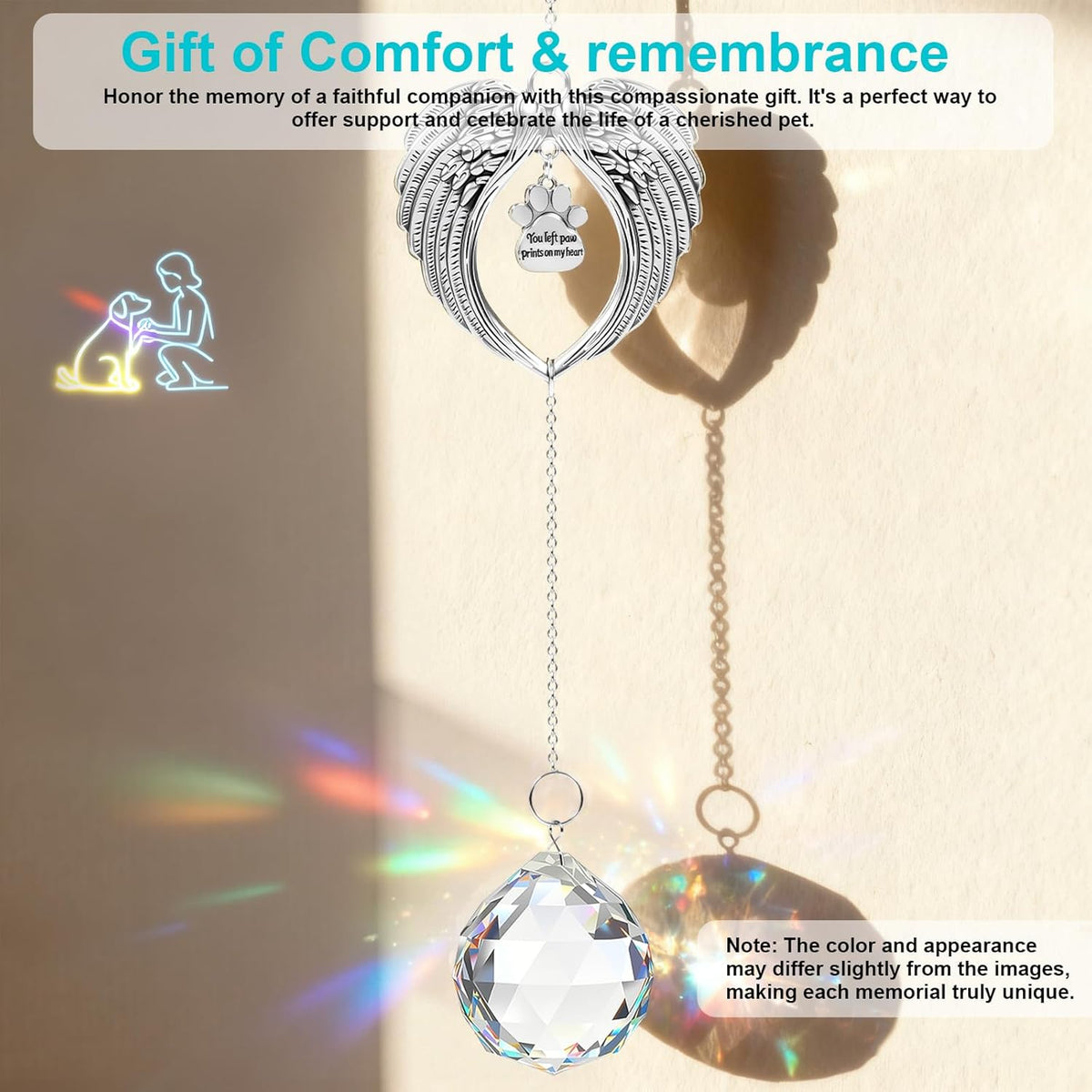 Pet Memorial Gifts for Loss of Dog or Cat, Crystal Suncatcher with Rainbow Light Effect and Angel