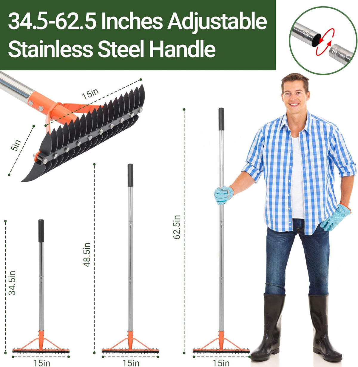 Thatch Rake for Lawns 18 Sharp Tempered Spring Steel Tines Dethatcher Rake Heavy Duty Dethatching