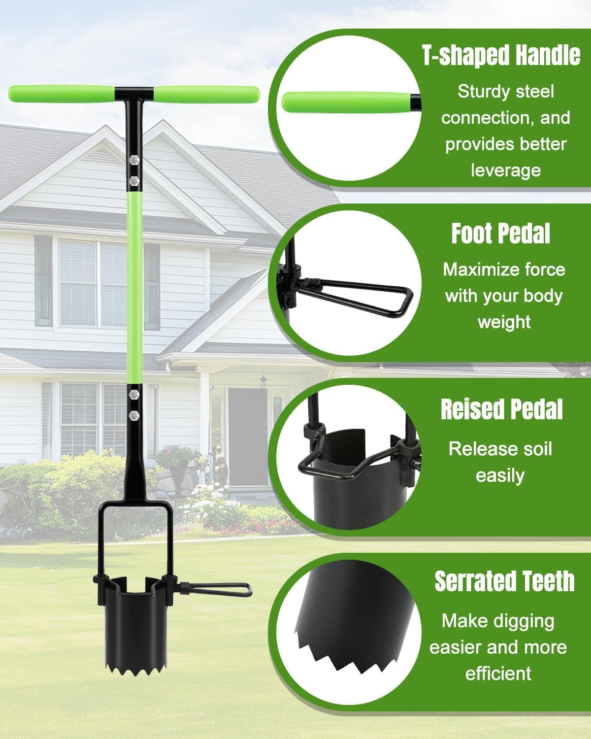 Joyhalo Bulb Planter Tool Long Handle, 30in Serrated Base, 5 in 1 Lawn Tool, Sod Cutter, Grass