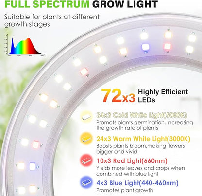 LORDEM 6.3” Ceiling Grow Lamp for Indoor Plants, 216 LEDs Full Spectrum Halo Plant Light, Under