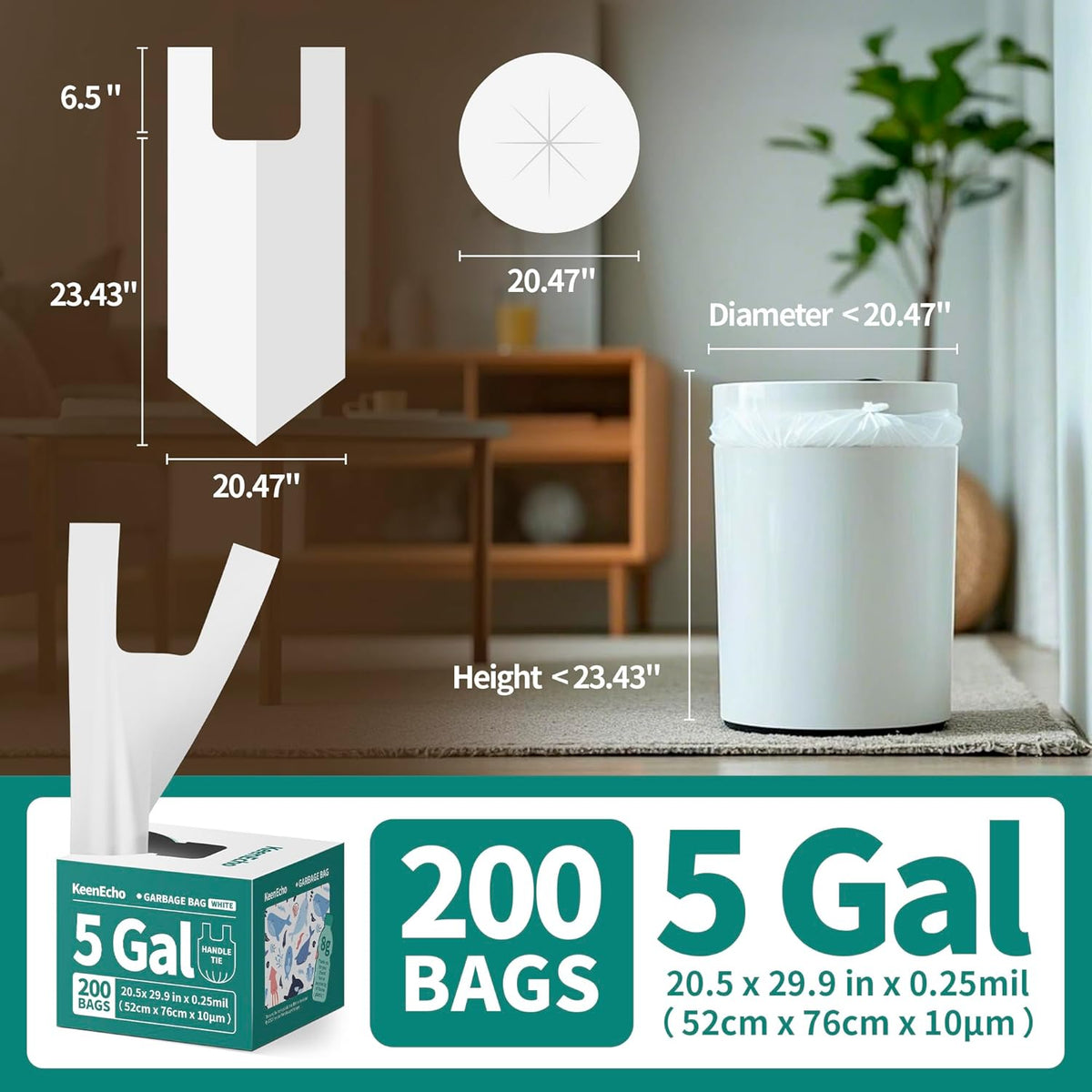 Small Trash Bags with Handles 5 Gallon 200 Count White - Ocean Plastic Upcycling - Plastic Garbage