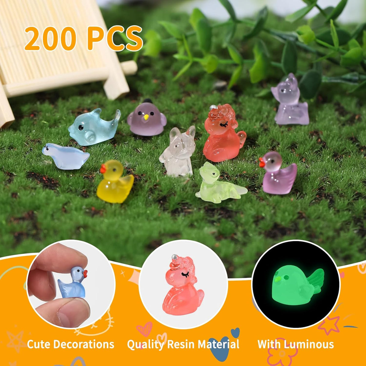 200 Pcs Tiny Resin Animals to Hide, Mini Luminous Resin Animals Bulk for Miniature Fairy Garden