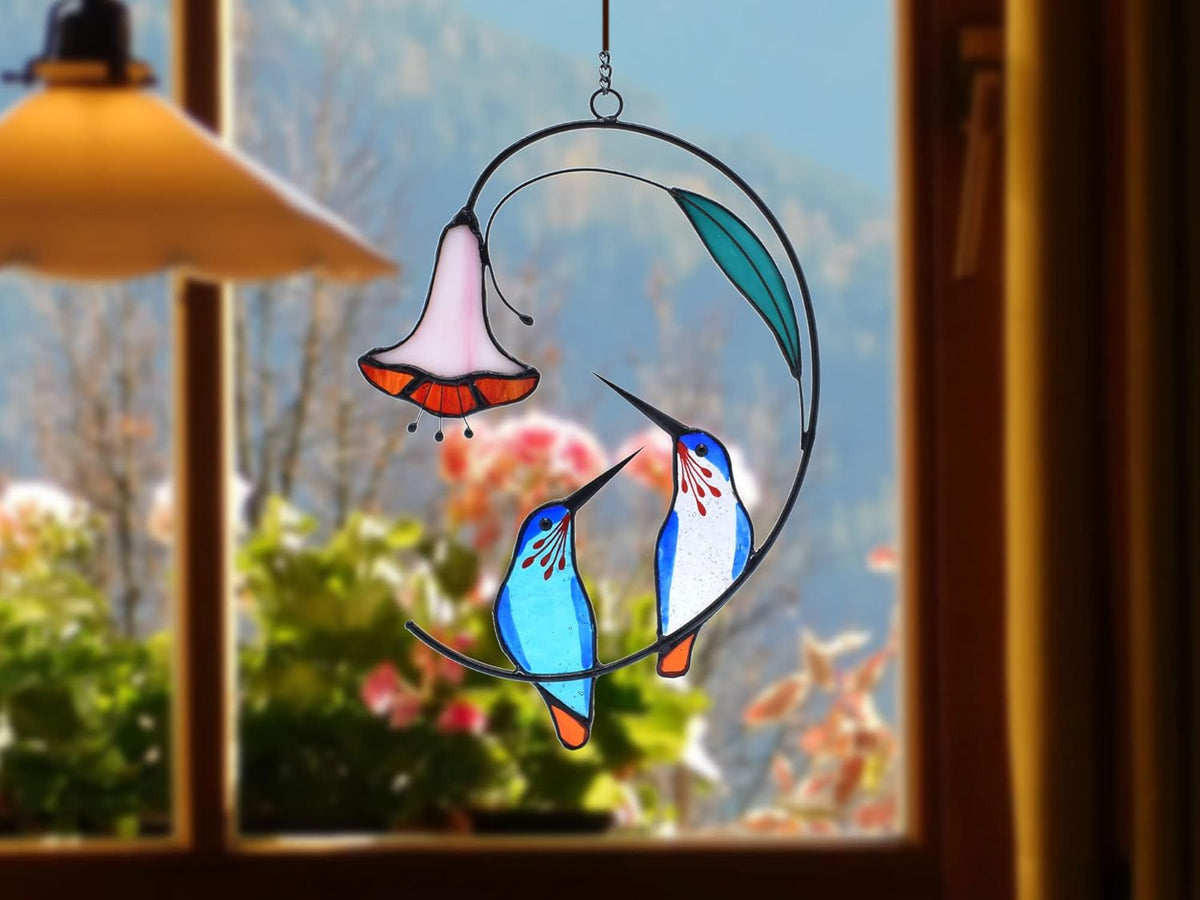 Lolitarcrafts Hummingbird with Flower Stained Glass Suncatcher Bird Stained Glass Window Hangings