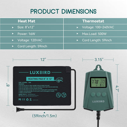 Luxbird Reptile Heating Pad 8x12 Inch with Dual Output Reptile Thermostat LB-2SC Combo Set Under