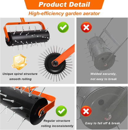 Rolling Lawn Aerator, Heavy Duty Hand Manual Spike Roller with 42 Spikes, Aerator Tool with 71"