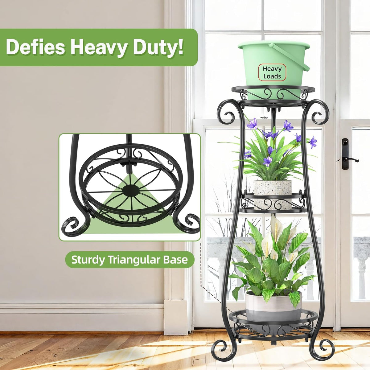 iDavosic.ly 3 Tier Metal Plant Stand Indoor Outdoor, Wrought Iron Corner Tall Flower Pot Holder