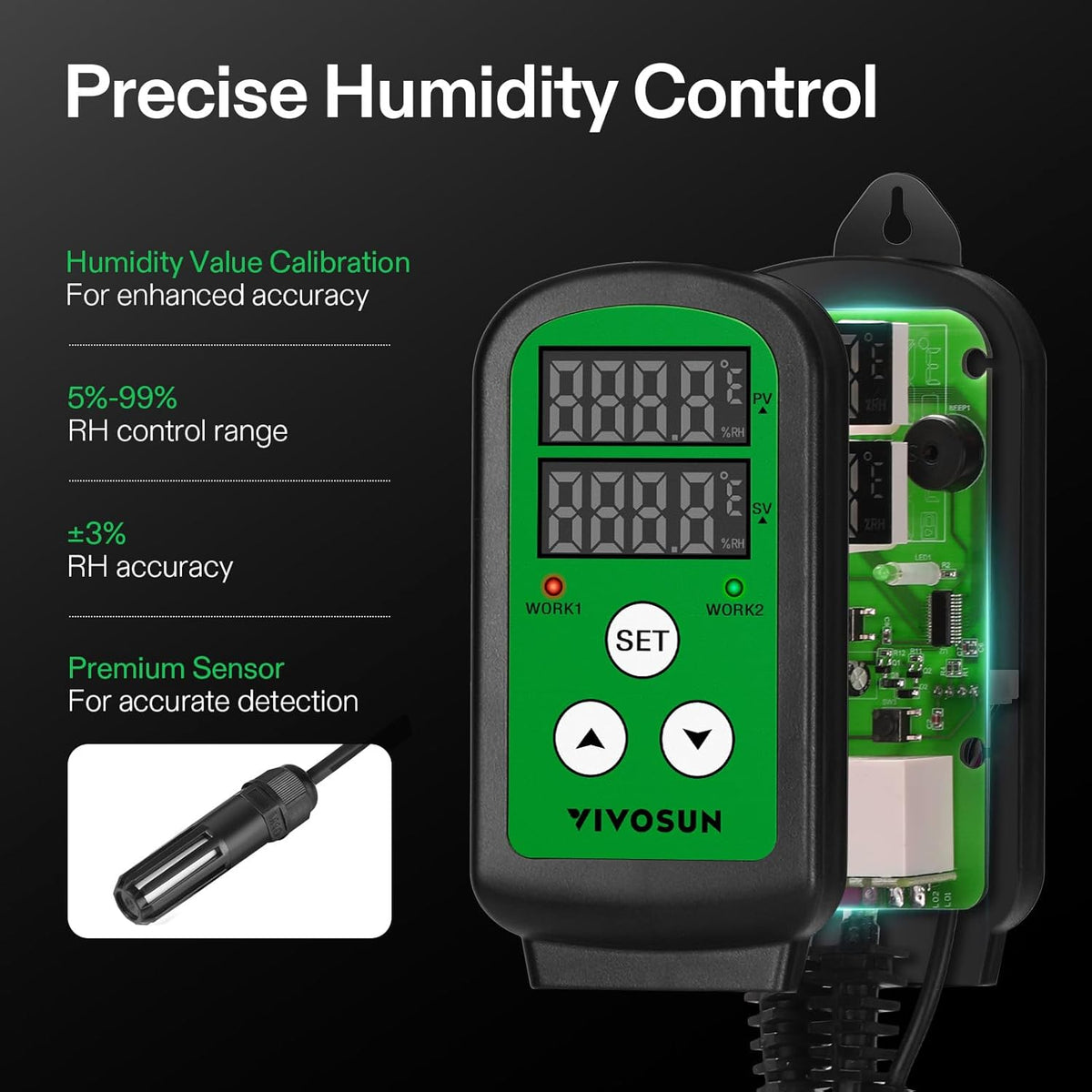 VIVOSUN Humidity Controller, 1200W Dual-Stage Outlet, Pre-Wired Digital Humidistat with Dual LED